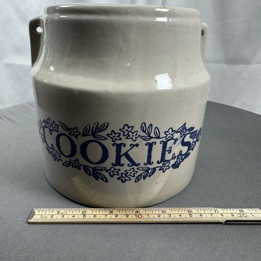 Vintage White Monmouth Pottery Stoneware Cookies cookie jar, Blue‎ Trim, No Lid